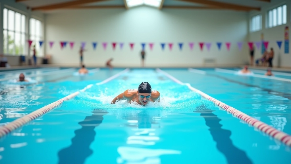 Indoor public swimming pool with multiple lanes and open water