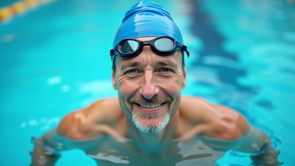 Male master swimmer aged 55 wearing racing goggles and swim cap, portrait in pool